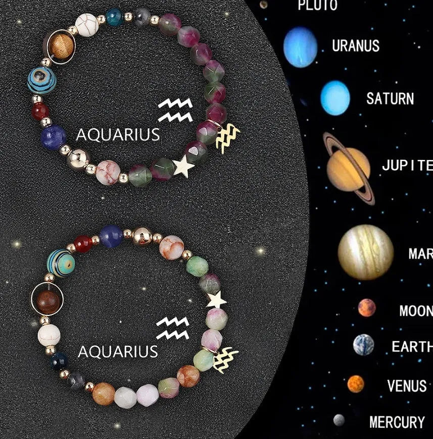 Natural stone beaded bracelets with zodiac symbols on stretchy elastic cord, showing two bracelets in set.