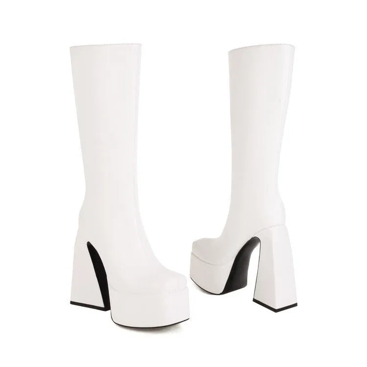 Women's black artificial PU high boots casual footwear with sizing options 34-43