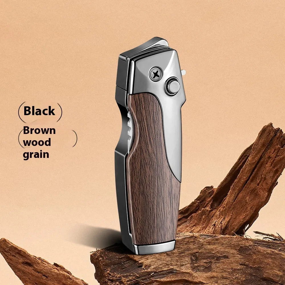Zinc alloy folding lighter tool with integrated knife in a black wood grain finish.