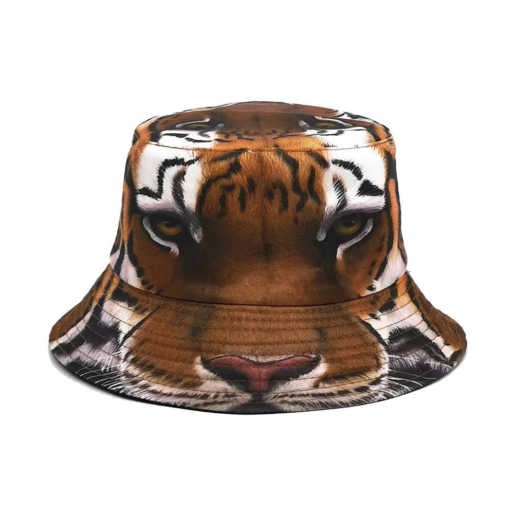 Khaki tiger print polyester bucket hat with dome crown on a neutral background