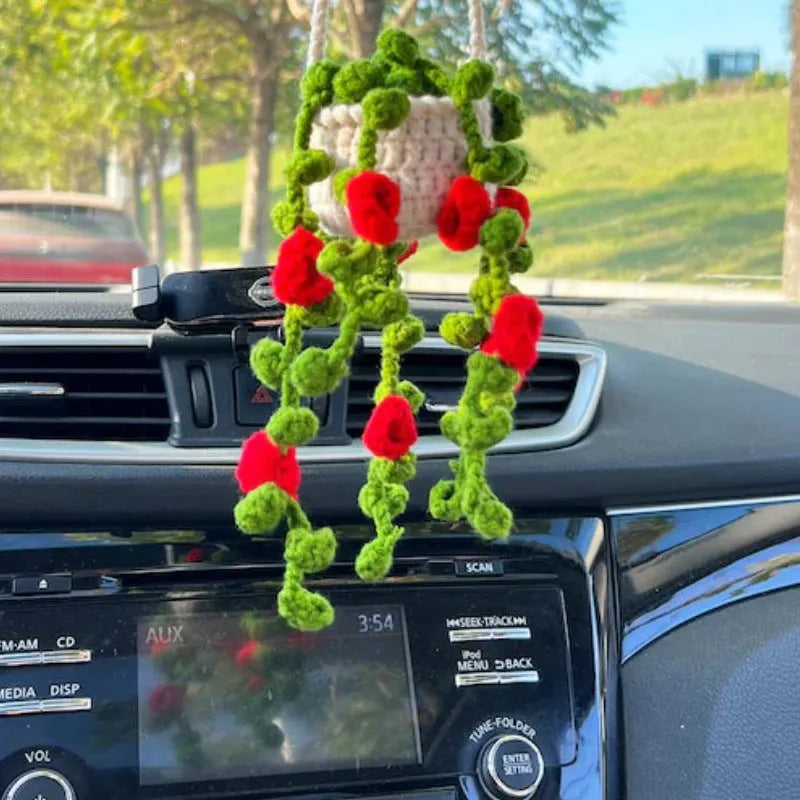 Green and white knitted wool car plant decoration with white hanging rope.