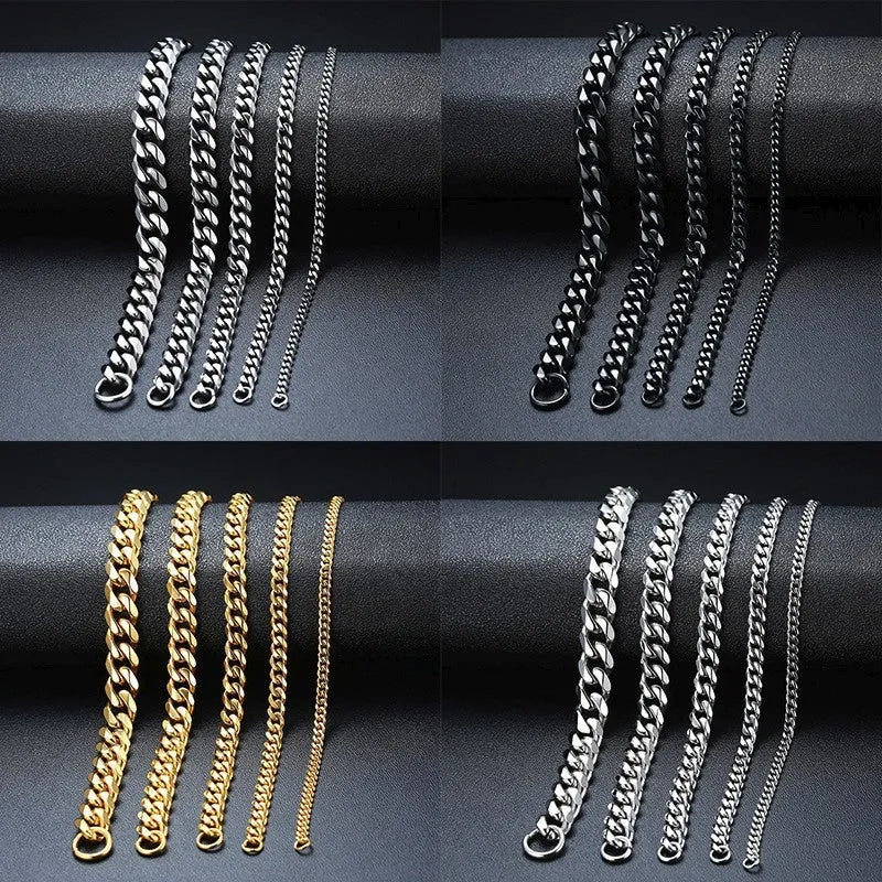 Six-sided geometric Cuban link metal bracelet in gold colour, shown in various widths.