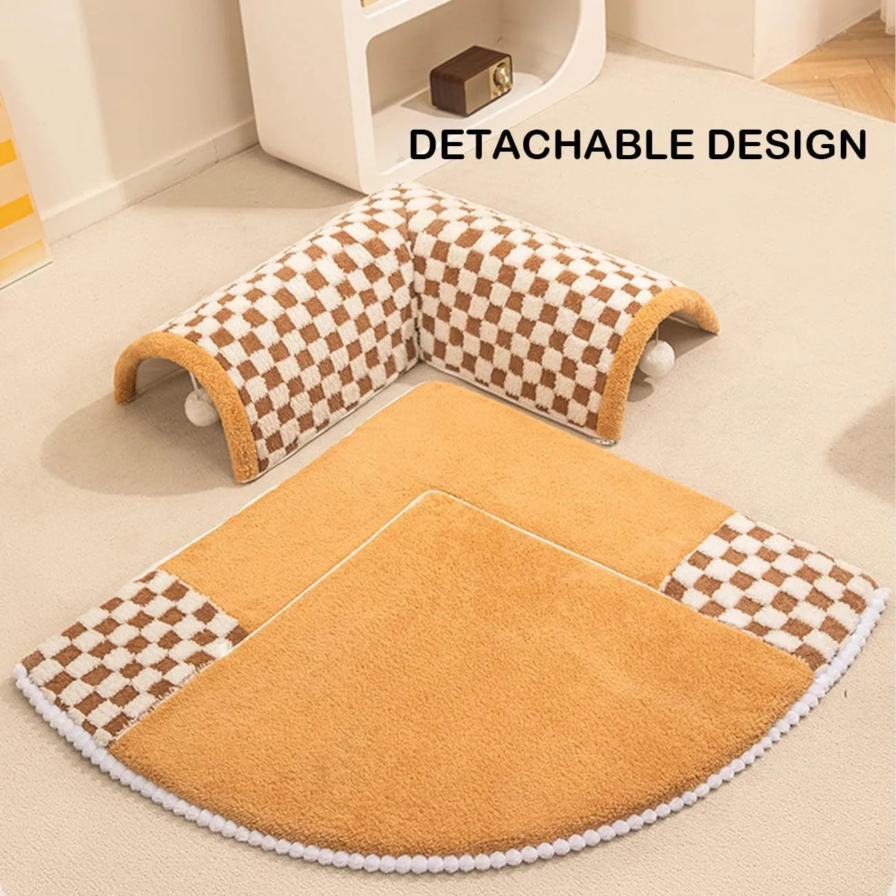 XL fan-shaped plush pet bed tunnel with a coffee plaid pattern and anti-slip base.