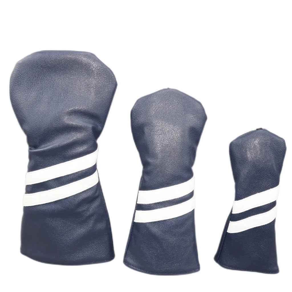 Golf wood head cover with two oblique stripes in blue, shown next to size and colour options.