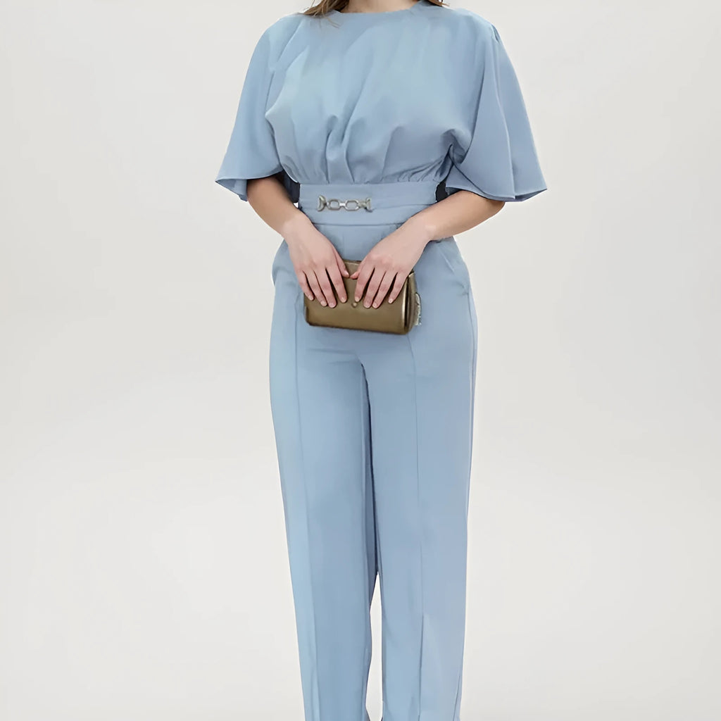 Blue polyester men's suit set with matching trousers and long-sleeve jacket on hanger
