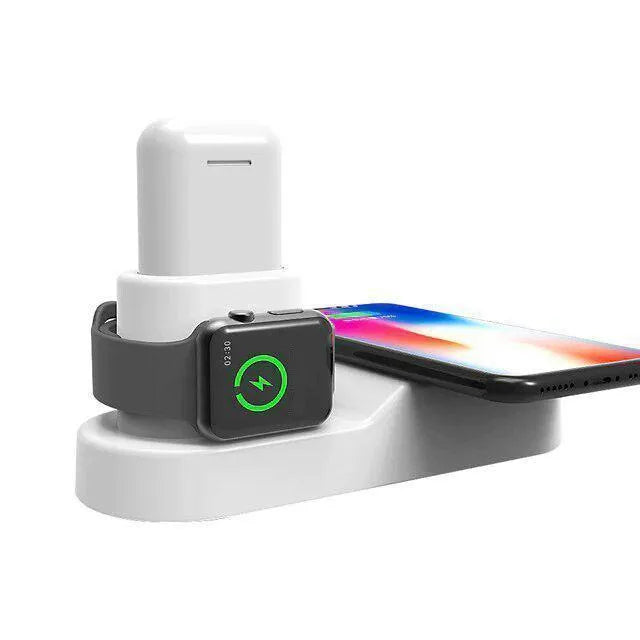 Black and white W3 three-in-one wireless charging station for Apple iPhone, Watch and AirPods on a table.