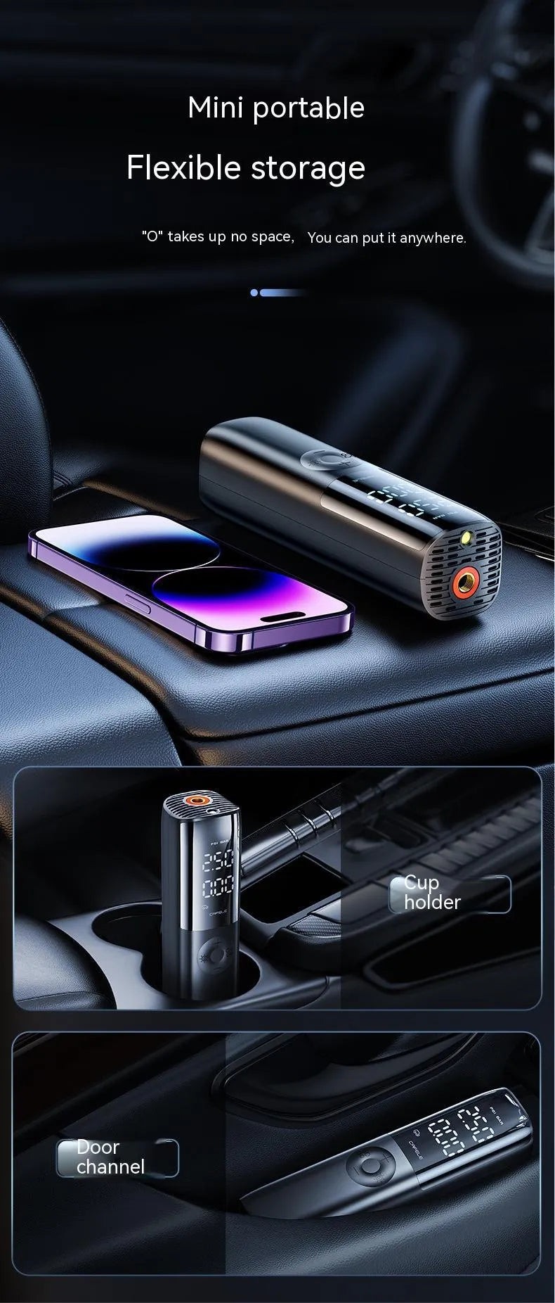 Black portable electric car air pump with tyre pressure gauge and plug-in cord