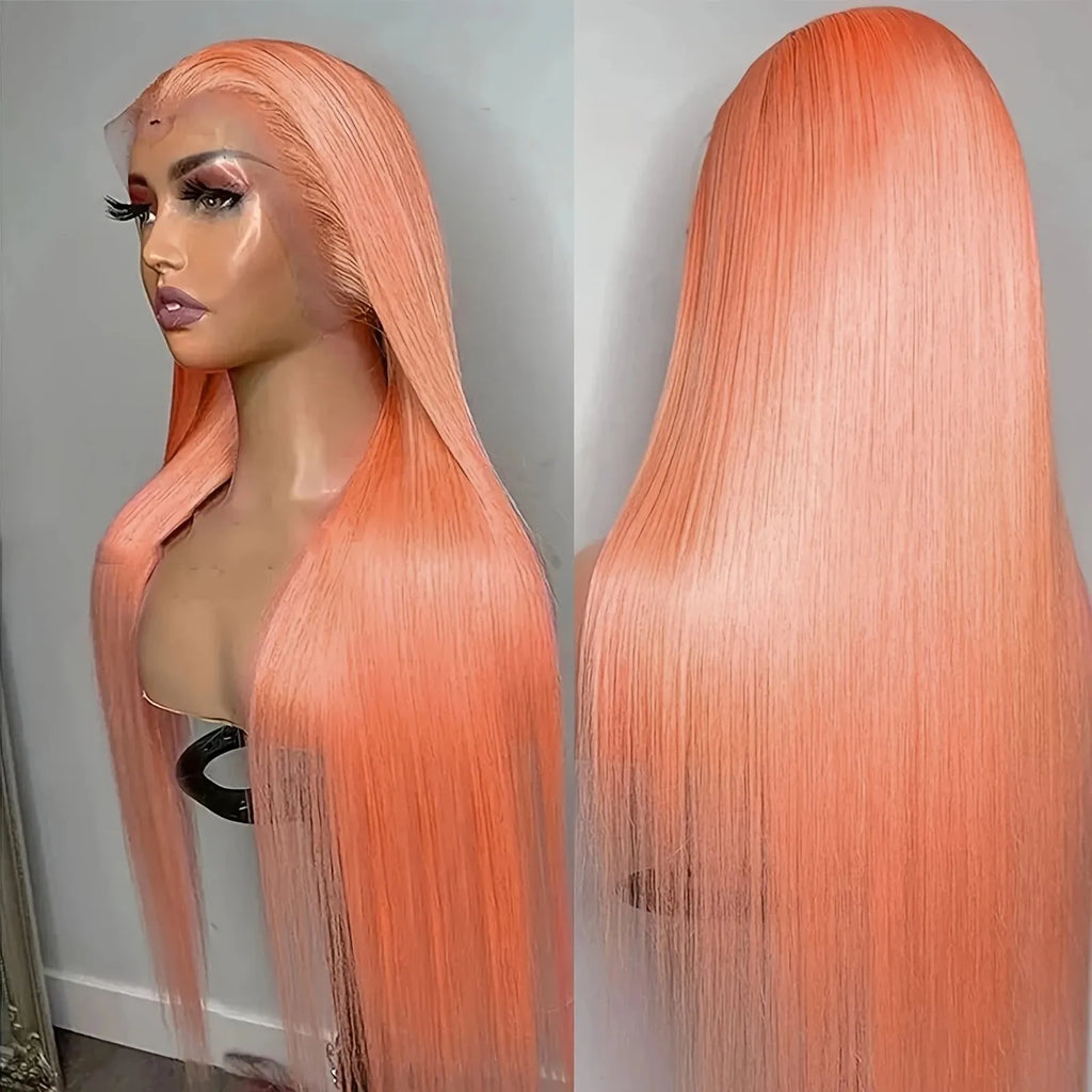 Light orange long straight synthetic wig with front lace hairline and side bangs