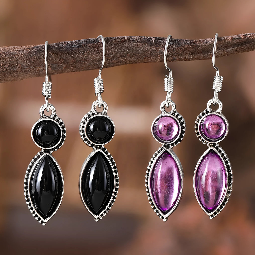 Black and purple geometric pendant earrings with round elements in vintage bohemian style