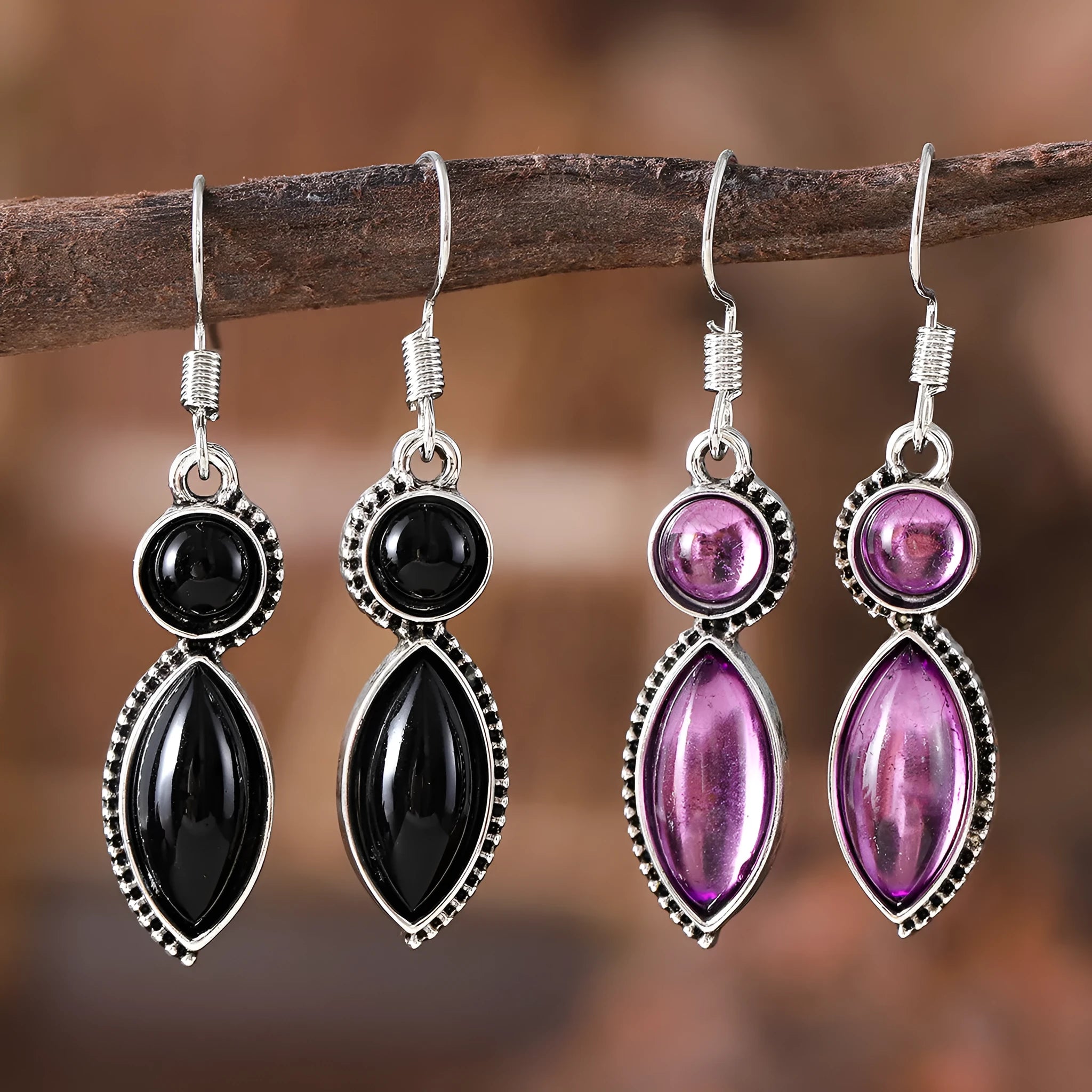 Black and purple geometric pendant earrings with round elements in vintage bohemian style