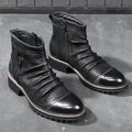 Brown mid-calf cowboy boots with a side zipper, round toe, and a medium horseshoe heel.