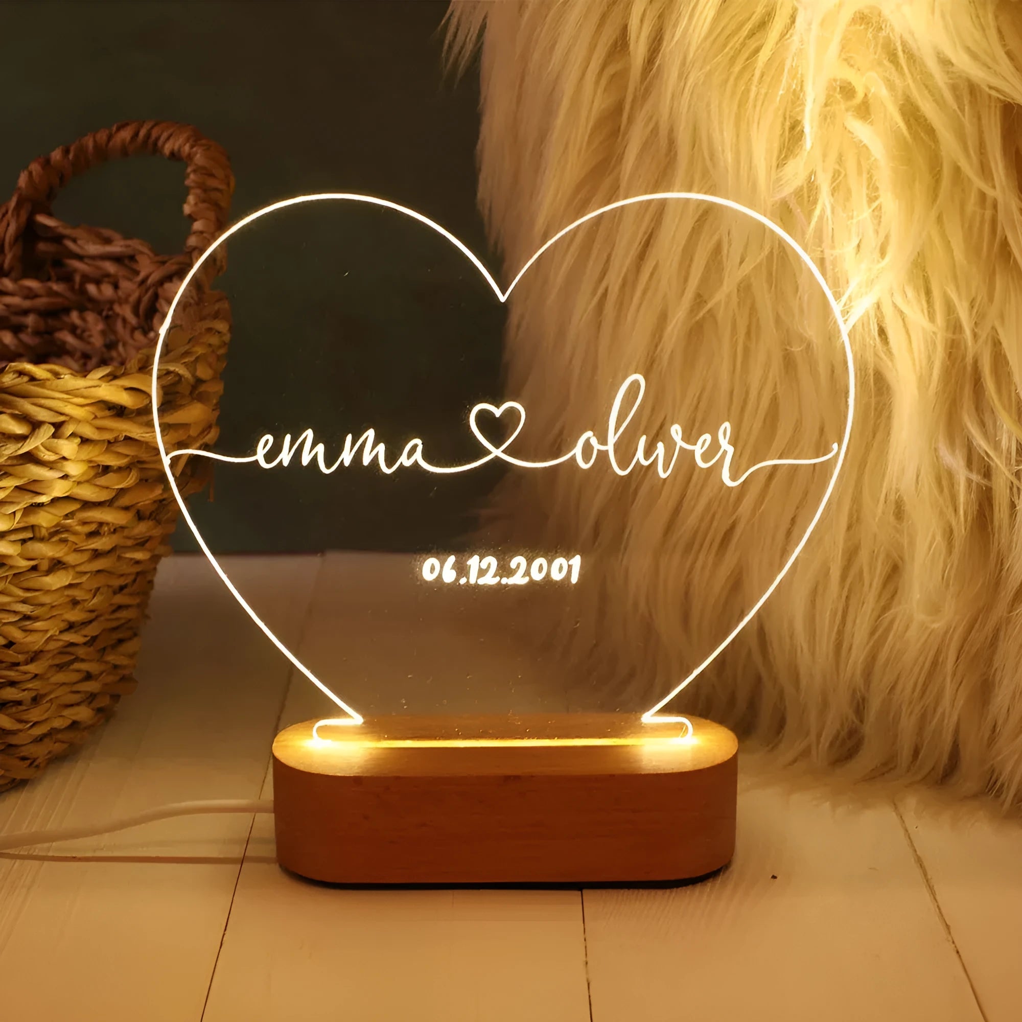 Custom transparent acrylic night light with LED base showing personalised engraving, dimensions 20cm by 11.5cm.
