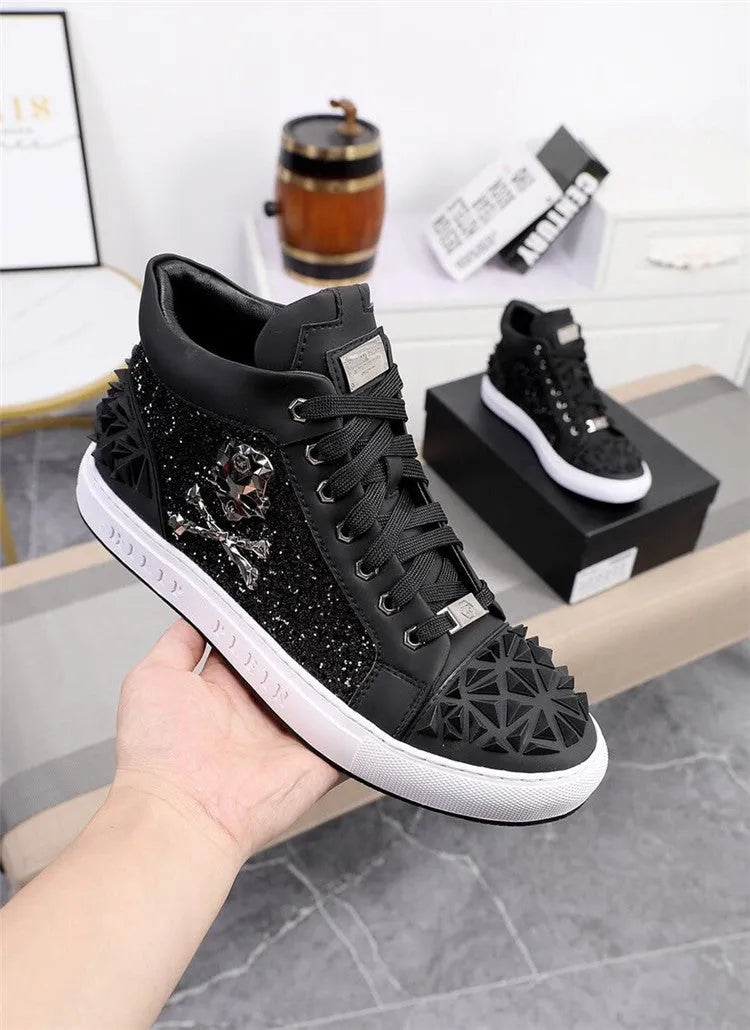 Men's black genuine leather high top skeleton shoes with red accents and a lace-up front