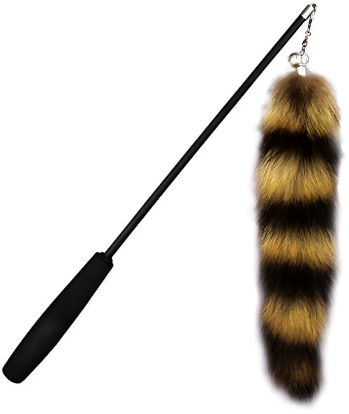 Black cat toy wand teaser with a long handle and elastic string for interactive play.