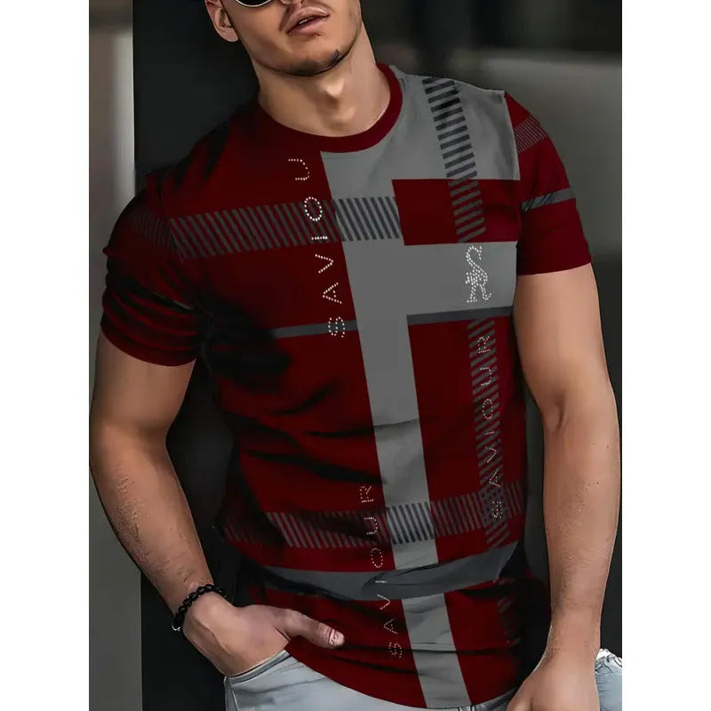 Man wearing a loose-fit short-sleeved T-shirt with a digital 3D printed stripe pattern in a casual setting.
