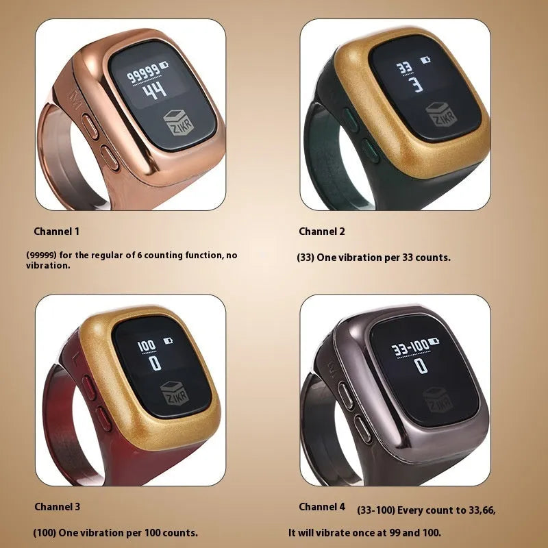 Al-Fatiha electronic zikr counter with digital display on a wristband, shown in rose gold colour.