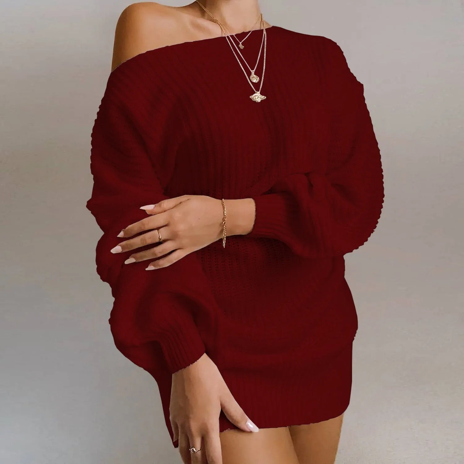 Women's off-shoulder knitted dress with lantern sleeves in solid colour