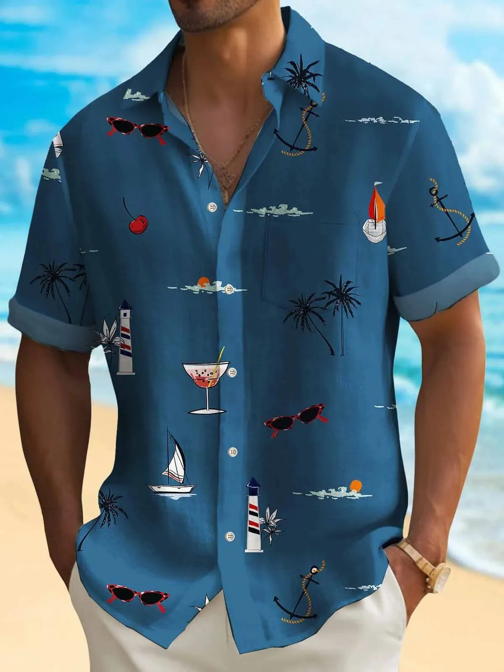 Men's short sleeve Hawaiian print shirt with colourful pattern on polyester fabric.