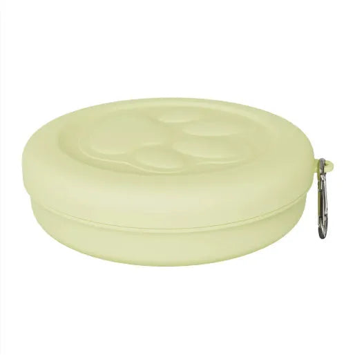 Collapsible silicone dog travel bowl in pink and green colour options