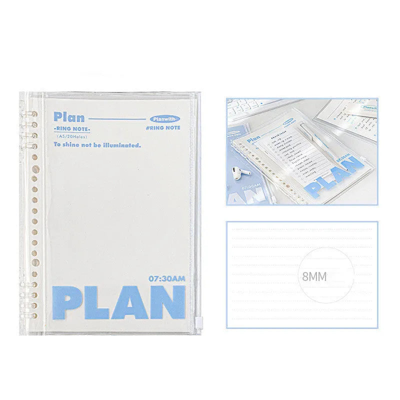 A5 PVC can store spiral notebook in blue or white colour measuring 148x210mm