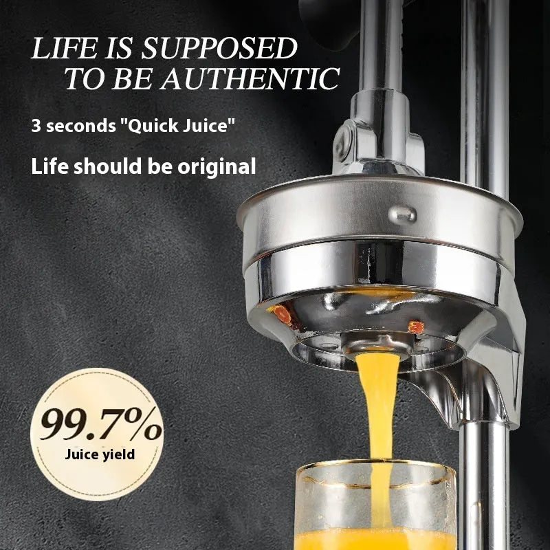 Vertical stainless steel manual juicer on zinc alloy base, showing colour and head style options.