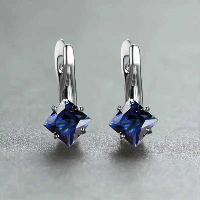 Copper diamond design earrings with inlaid zircon stones in blue, green and colour options