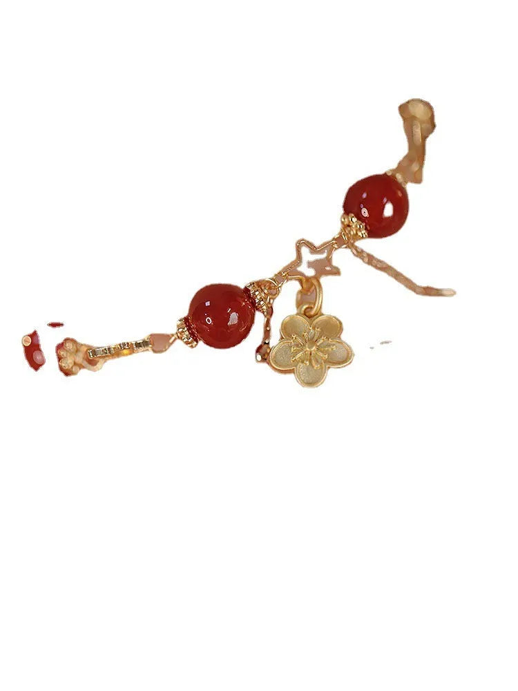 Women's red agate double layer ethnic bracelet with peach blossom floral design