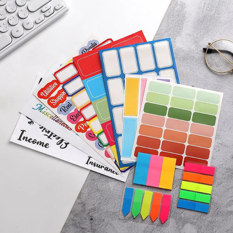 Handwritten label adhesive sticker collection showing multiple grid formats and colour options