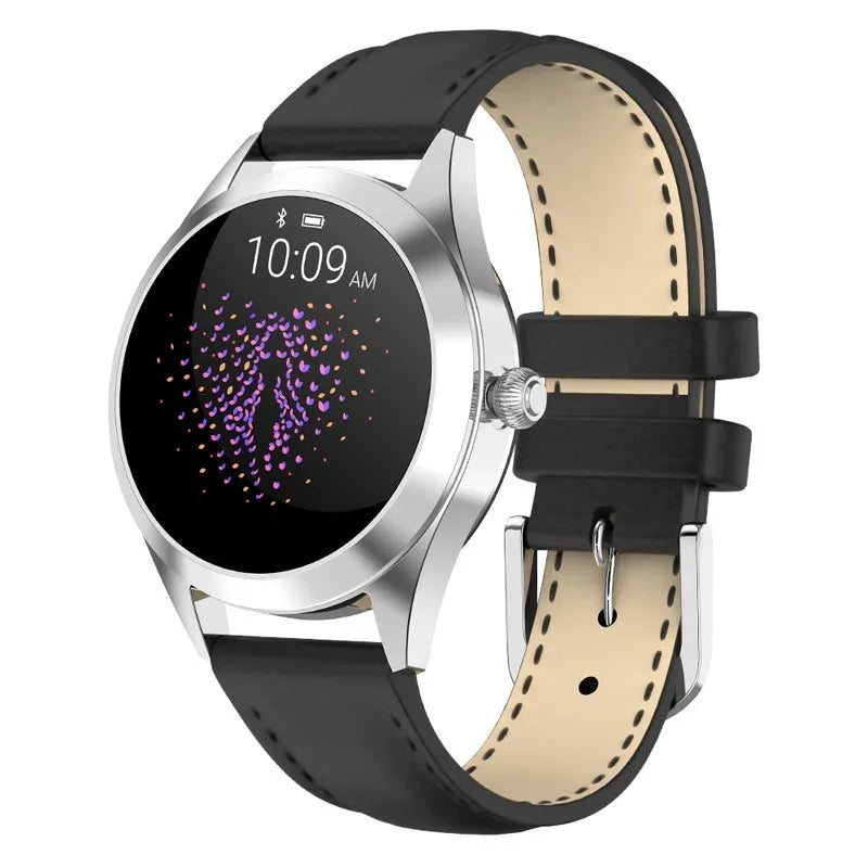 Women's sports smartwatch with colour display showing heart rate monitoring, available in black, rose gold, silver, and white colours