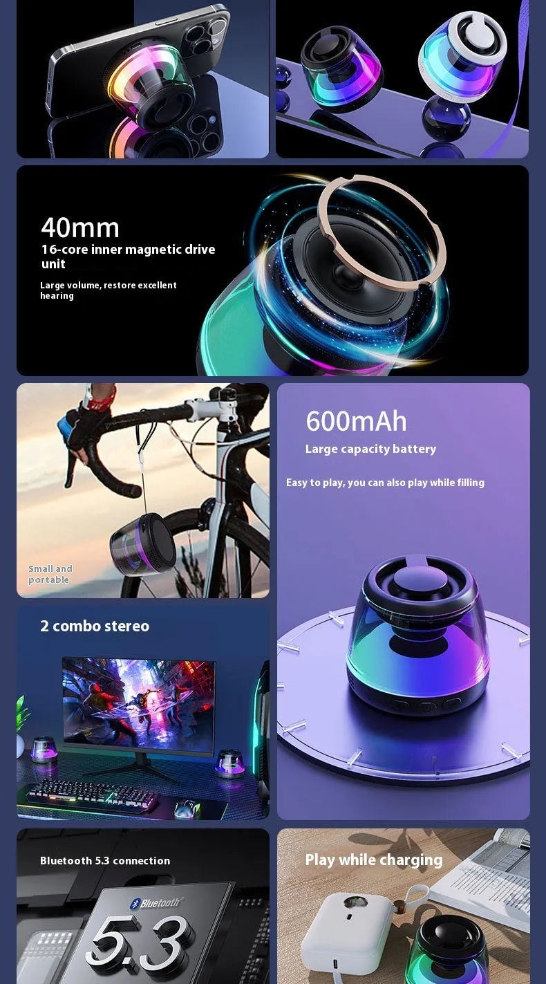 Black or white portable Bluetooth mini speaker with magnetic base and ambient light