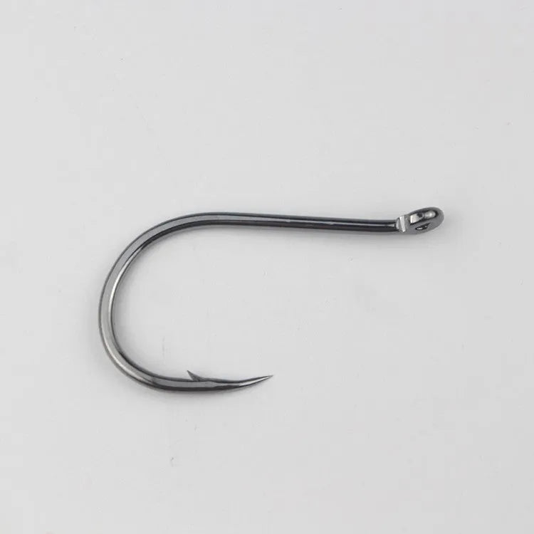 Bulk pack of barbed fishing hooks with crooked mouth and hole ring in alloy carbon steel.