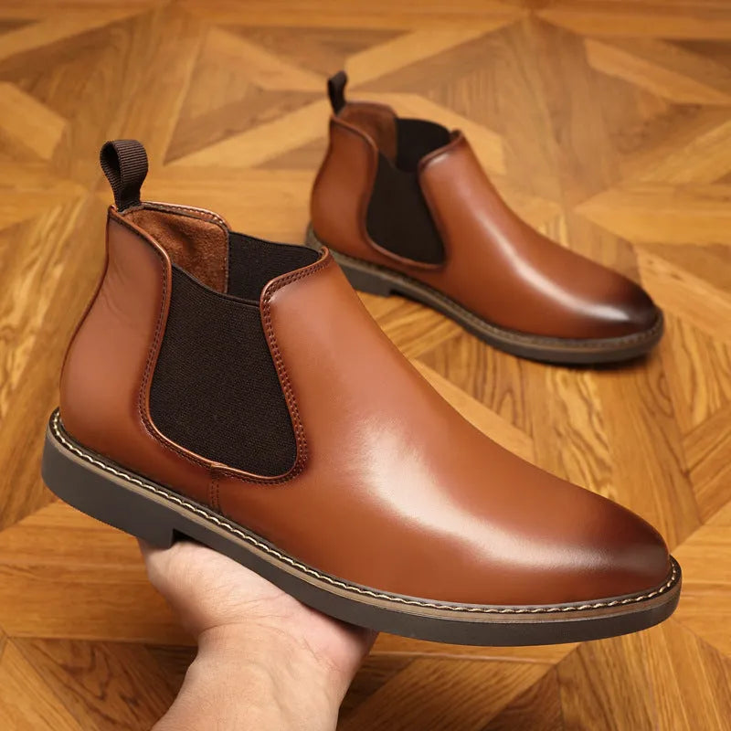 Men's black formal pointed-toe leather boots with square heel on rubber sole