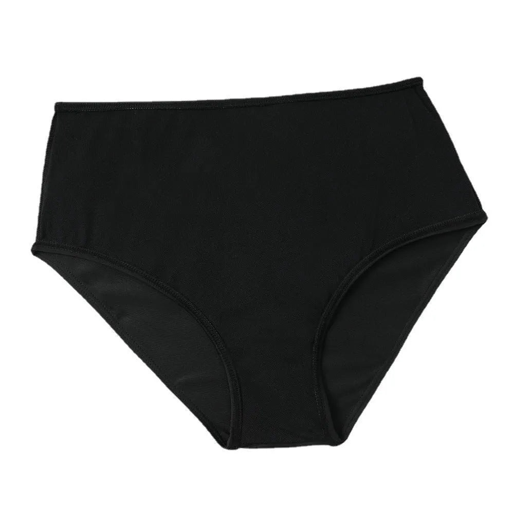 Women's black high-waist two-piece swimsuit with coconut tree print option, shown as a top and briefs set.