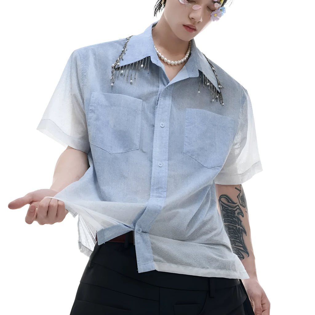 Men's loose fit blue and white gradient quilted short sleeve casual shirt