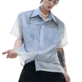 Men's loose fit blue and white gradient quilted short sleeve casual shirt