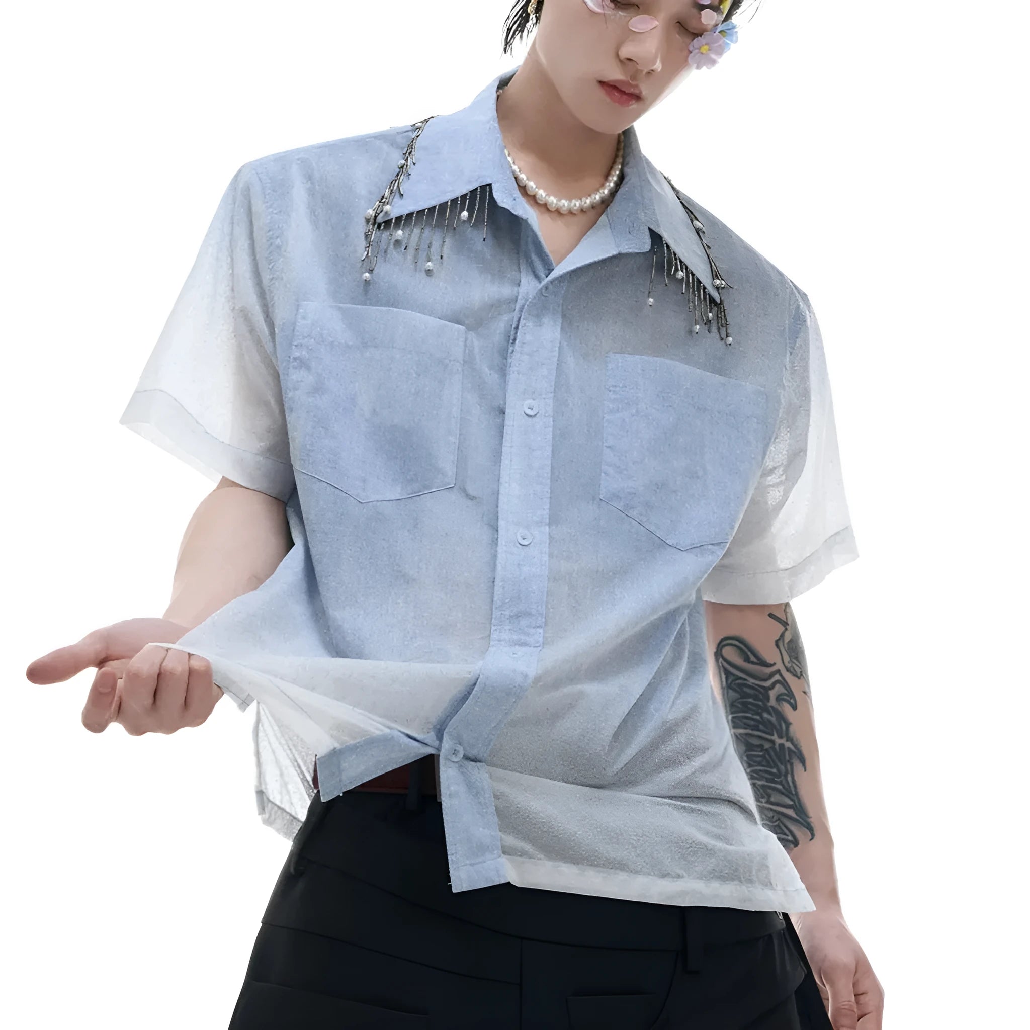 Men's loose fit blue and white gradient quilted short sleeve casual shirt