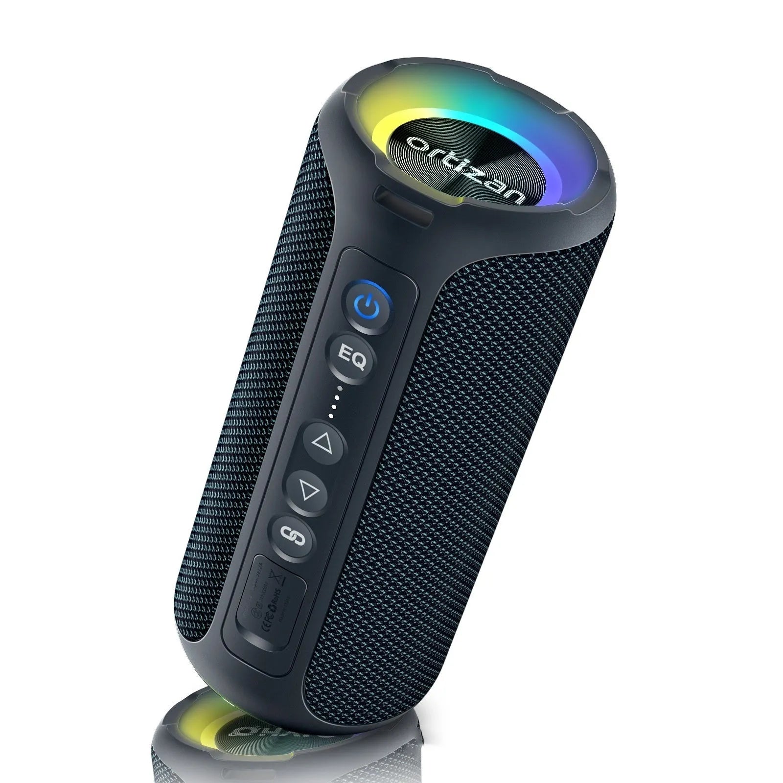 Black and blue fabric wireless Bluetooth speaker with LED lights showing front controls