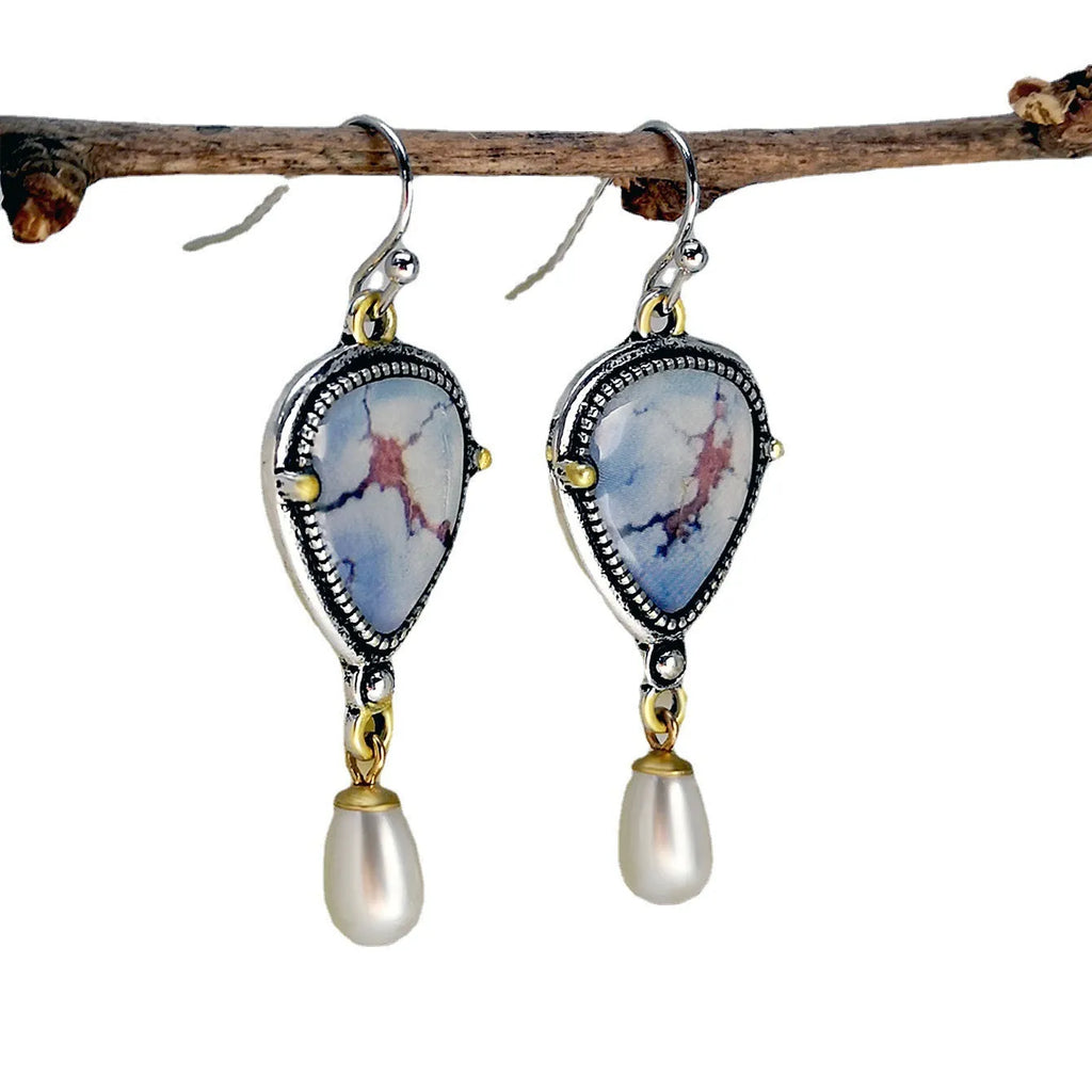 Retro blue Bohemian drop earrings with synthetic opal and pearl geometric design