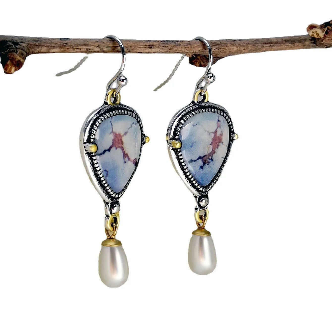 Retro blue Bohemian drop earrings with synthetic opal and pearl geometric design