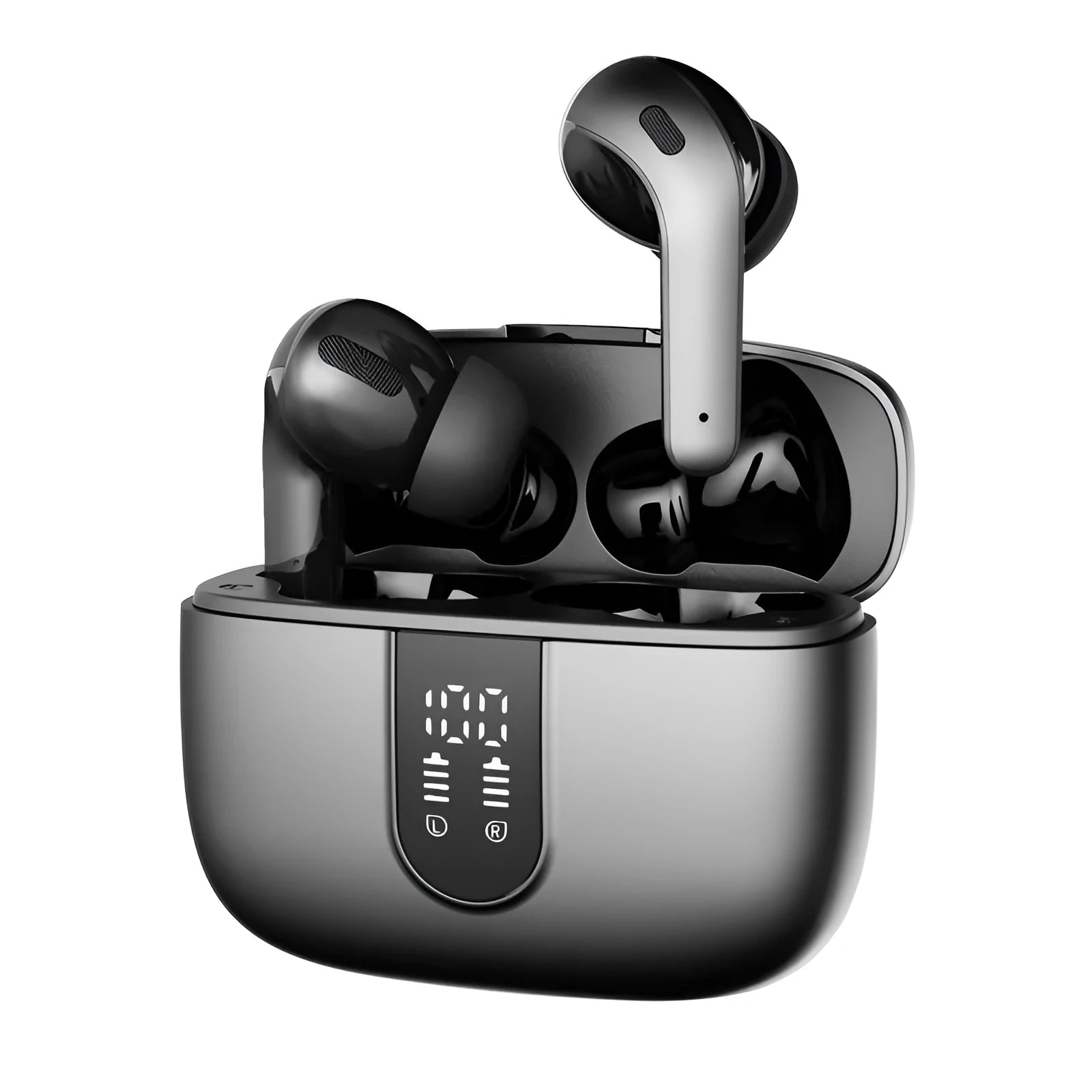 Jerry X08 wireless Bluetooth headphones with digital display, in-ear subwoofer design, and charging case