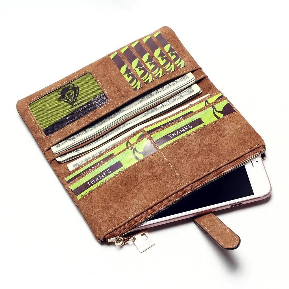 Korean retro matte leather long wallet open showing card slots and coin compartment