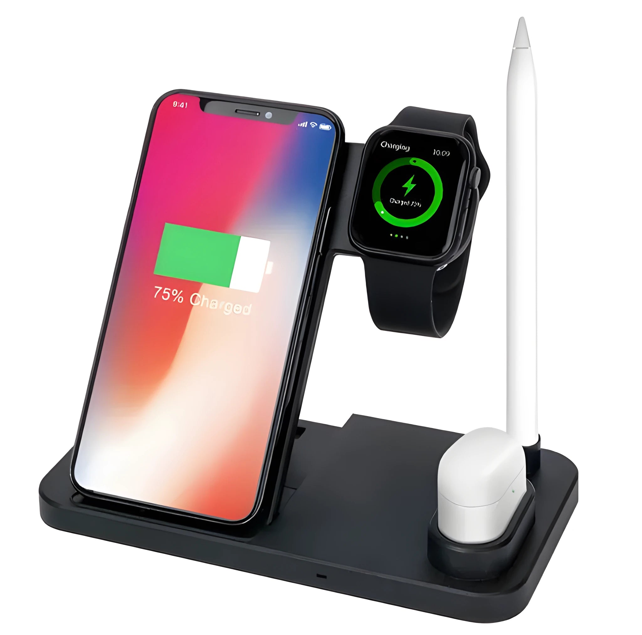 Black 4-in-1 wireless charging station showing phone, Apple Watch, AirPods, and Apple Pencil charging simultaneously.