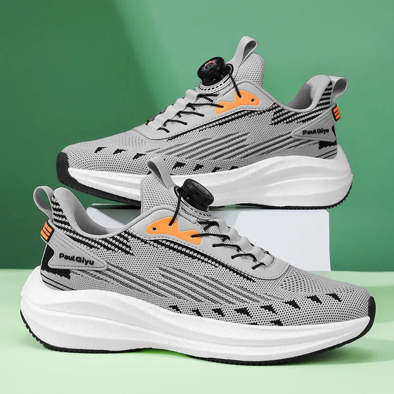 Men's white-green rotating buckle Fly-kit mesh casual running shoes with low-top flat heel design