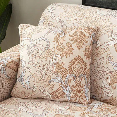 Printed stretch sofa cover with geometric pattern on three-seater sofa