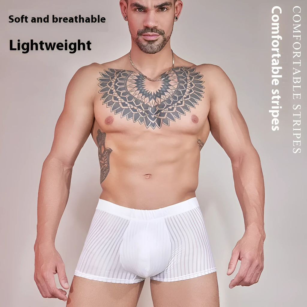 Men's black striped nylon underwear laid flat, showing thin transparent fabric and free-size fit.