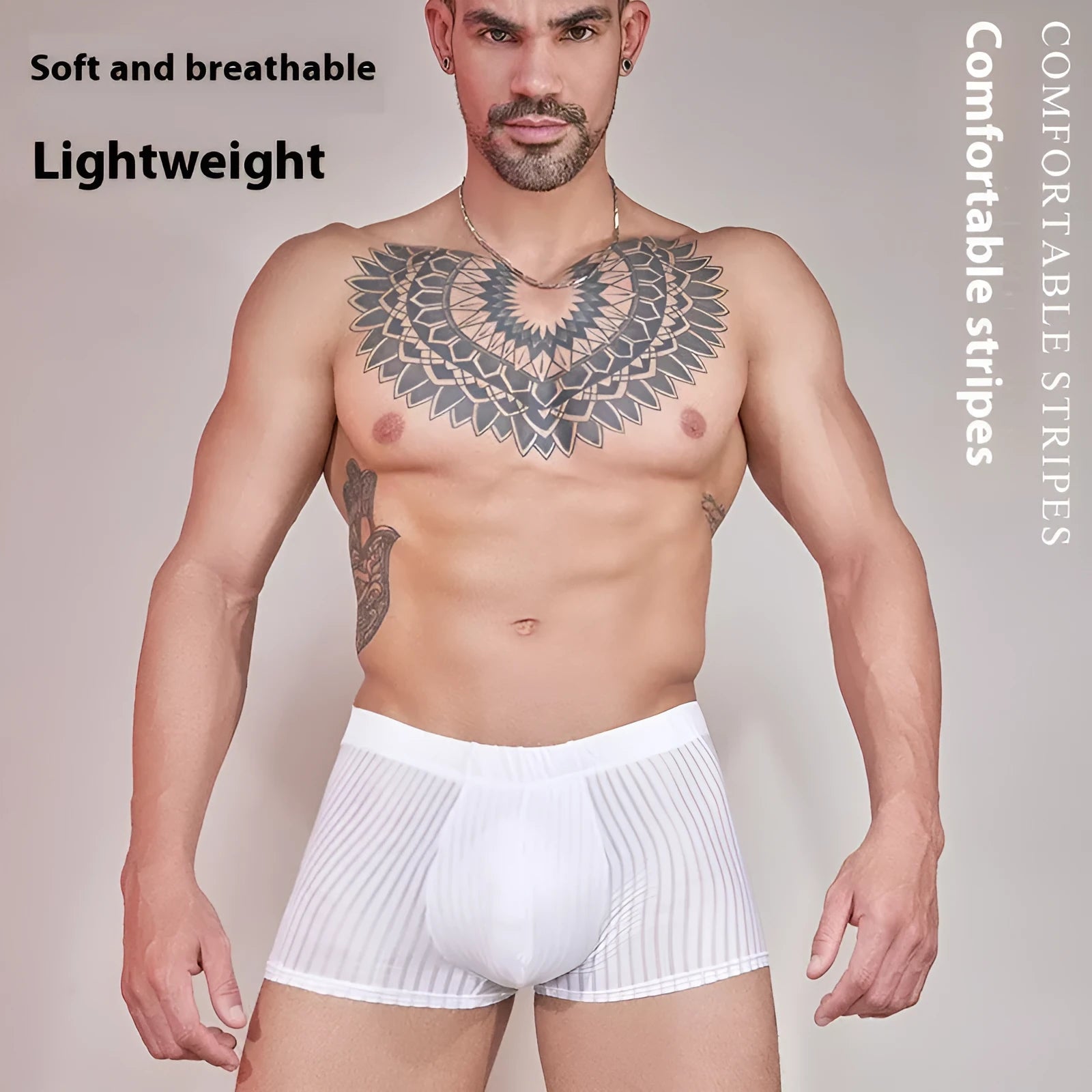 Men's black striped nylon underwear laid flat, showing thin transparent fabric and free-size fit.