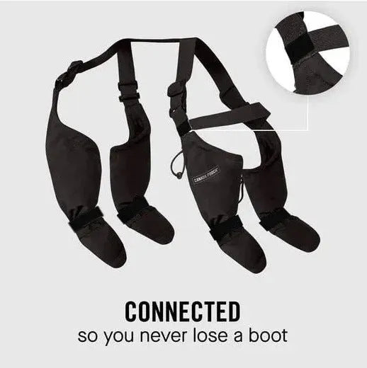 Black waterproof dog shoes with non-slip soles and strap fastening system