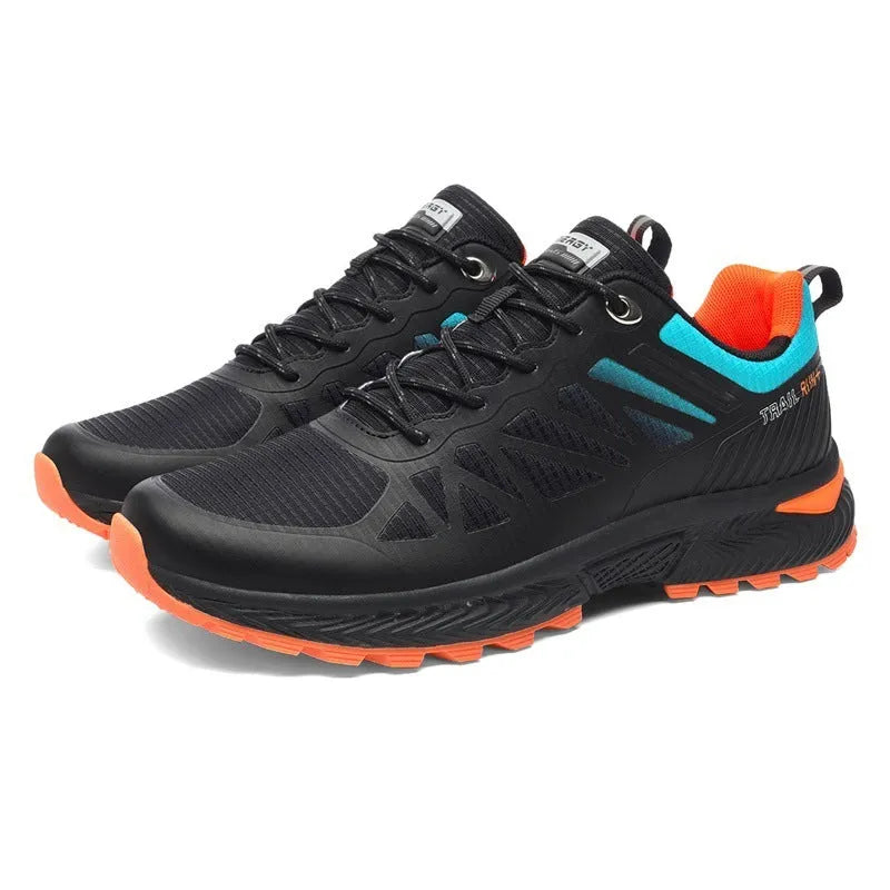Men's plus size outdoor running shoes with mesh lining in black colour showing round toe shape and lace-up closure