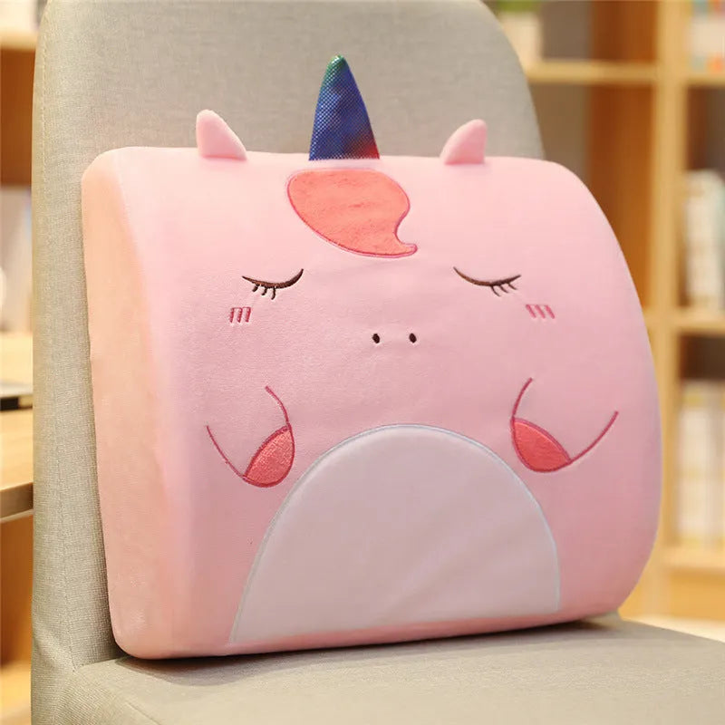 Cartoon anime memory foam seat back cushion with embroidery, shown in Pink Unicorn design.