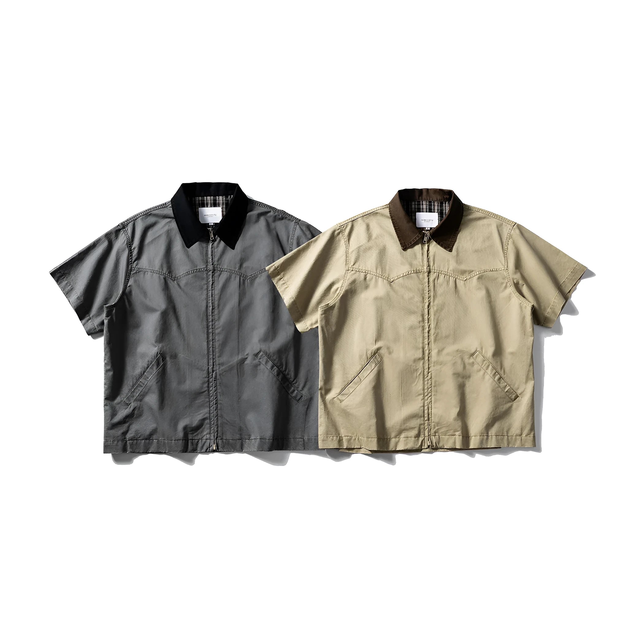 Short sleeve washed overalls shirt cardigan in loose fitting khaki or grey cotton